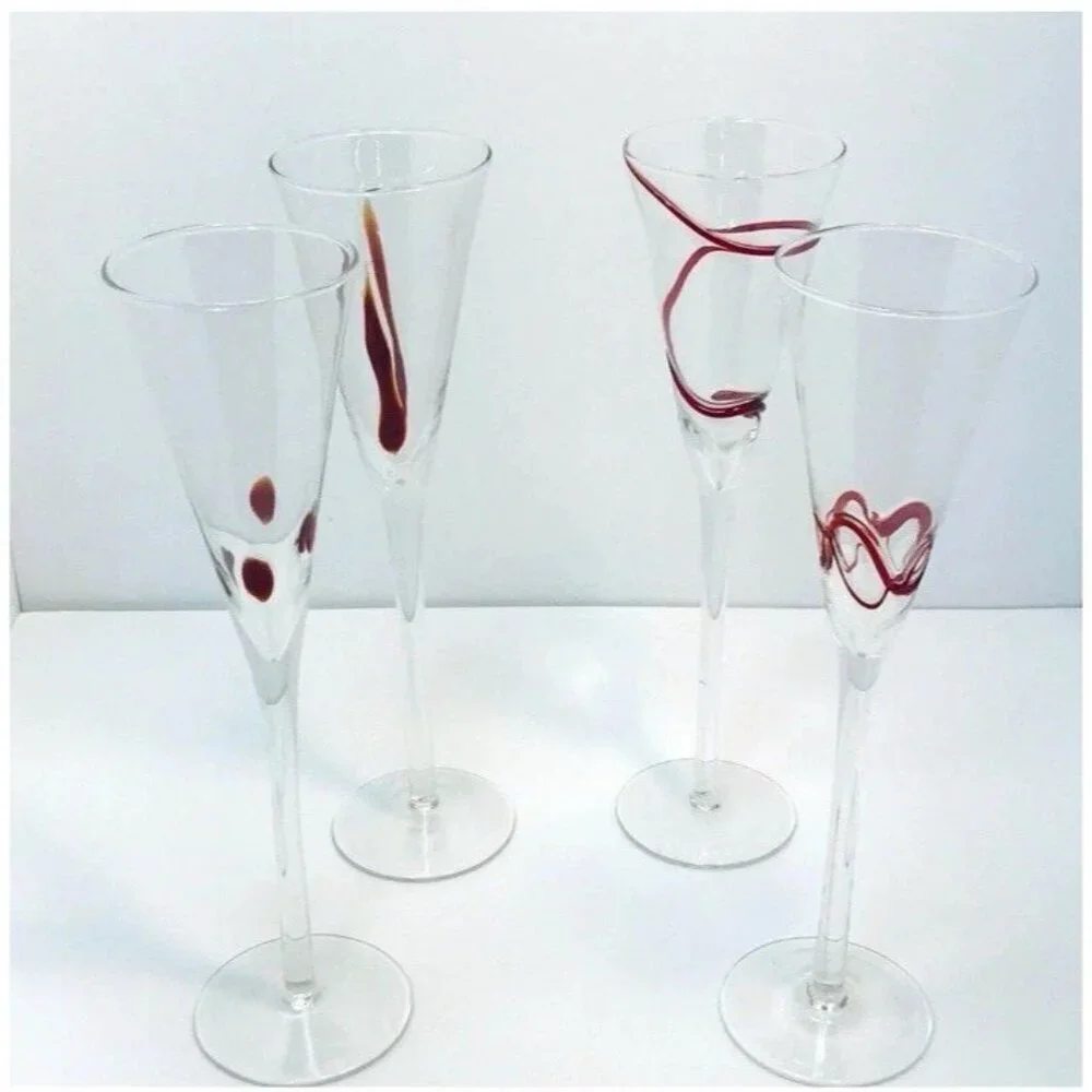 Vintage Pier 1 -Set of 4 - Red Swirl Line Flute Glass